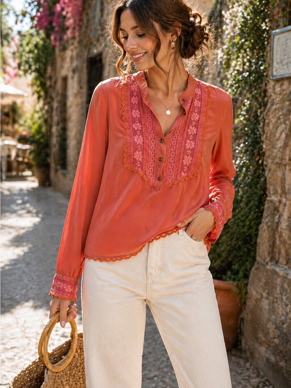 Dorothée Bis 100% Silk Lace Trim Boho Blouse Size 10